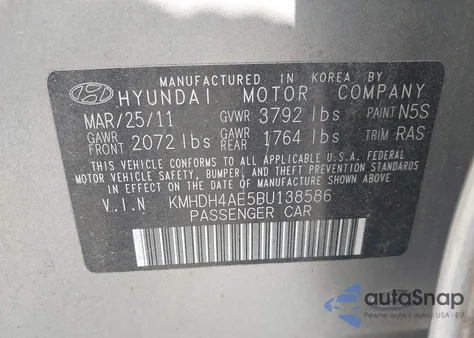 2011 Hyundai Elantra Gls (Ulsan Plant) from USA, damaged, VIN KMHDH4AE5BU138586